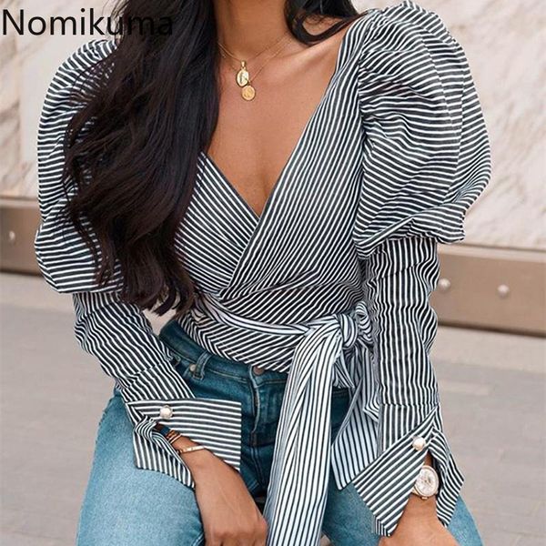 

nomikuma korean stripe women blouses bow bandage slim waist blusas femme puff sleeve v-neck elegant shirt new 6e773 210427, White