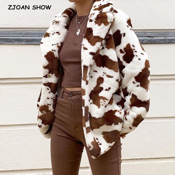 

women's wool & blends autumn winter notched collar hairy shaggy tuscan cow leopard fur jacket coat long sleeve furry women blazer, Black