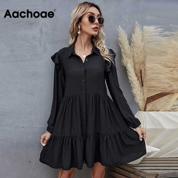 

aachoae summer autumn women black dress ruffles long sleeve elegant shirt dress loose casual pleated mini dress sundress robe 210706, Black;gray