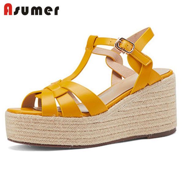 

dress shoes asumer 2021 arrive wedges platform sandals women genuine leather buckle weave bohemia casual, Black