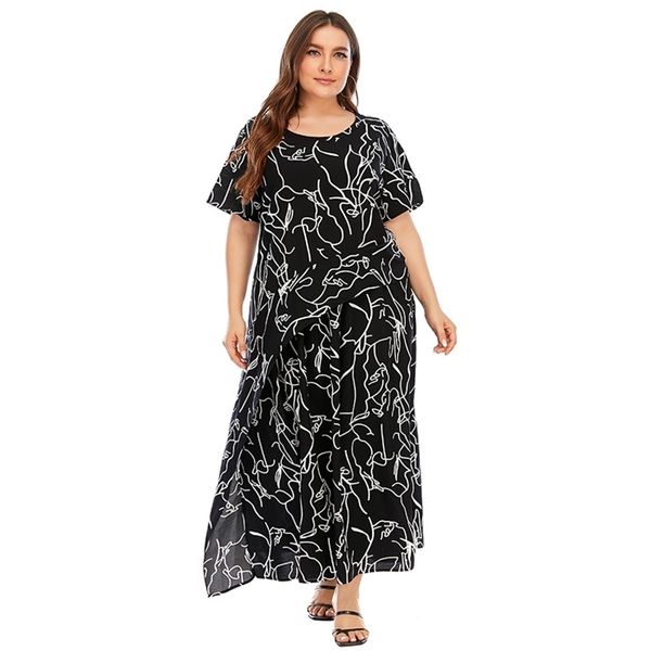 

4xl 5xl plus size dress women summer short sleeve geometric print ruffles casual dress black loose oversized maxi long dresses, Black;gray