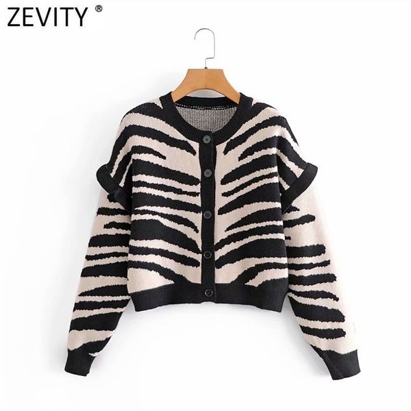 

women vintage long sleeve ruffles casual short knitted sweater female zebra striped chic outwear cardigans s529 210420, White;black