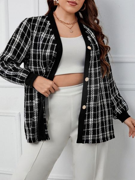 

plus contrast trim plaid tweed overcoat y1lm#, Black