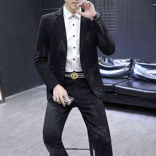 

luxury men's suits blazers 2021 two-piece set, guy fashion slim fit lattice korean men's suit set brand, White;black