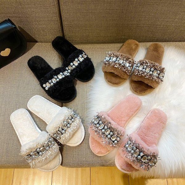 

solid fur slides winter warm slippers women shoes woman flat sole furry for plus size zapatos de mujer, Black