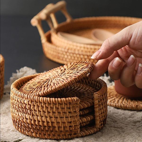 

mats & pads 6pcs/ drink coasters set for kungfu tea accessories round tableware placemat dish mat rattan weave cup pad diameter 10cm