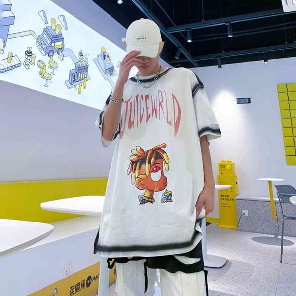 

chaodian chaopai black border cartoon printed short sleeve t-shirt with bottom coat korean fashion men's top, White;black