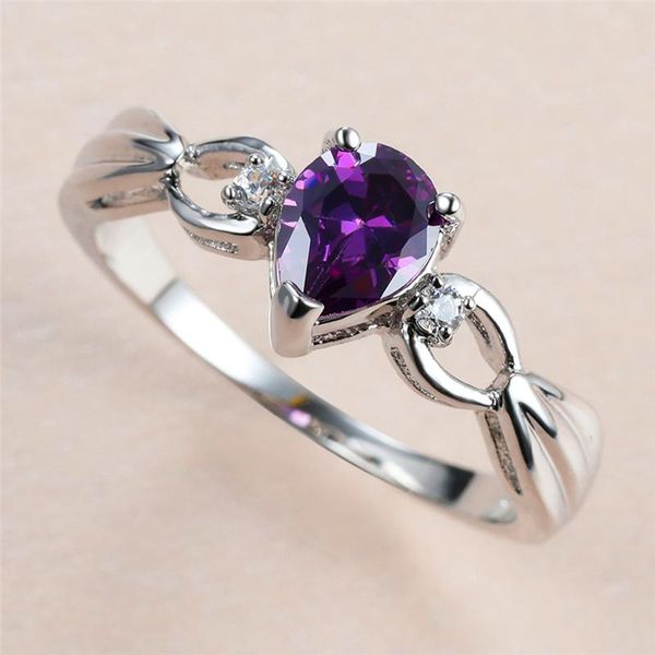 

simple female water drop crystal ring charm silver color thin wedding rings for women trendy bride purple zircon engagement, Slivery;golden