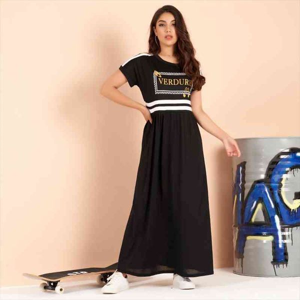 

summer products fashion color matching womens dresses printing trend black sports campus style stretch comfortable long female dress, Black;gray