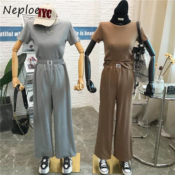 

neploe loose causal 2 pcs women set o neck pullover short sleeve t shirt + high waist hip straight pants soft suit summer 2021 women's, White