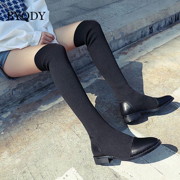

boots byqdy 2021 autumn winter fashion over the knee elastic fabric square low heel high zipper female, Black