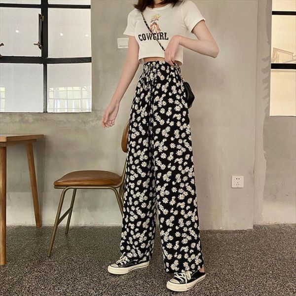 

trousers floral print chiffon women capris causal high waist wide leg plus size harajuku pants korean fashion baggy, Black;white