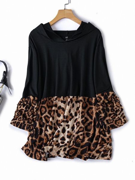 

plus leopard spliced hoodie m0el#, Black