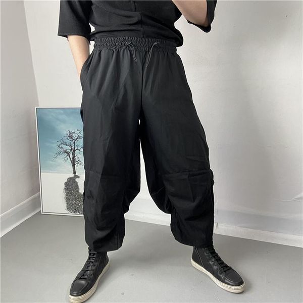 

men's pants spring and autumn men's solid color elastic waist design casual pleated harun irregular radish, Black