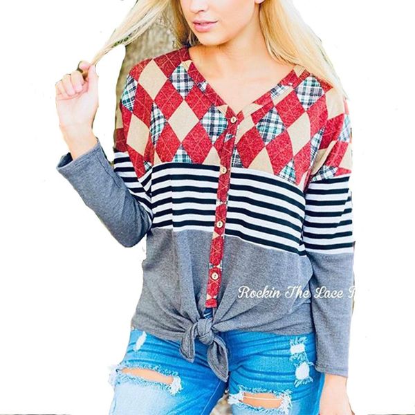 

european and american new selling cardigan box stripe v-neck knot long sleeve t-shirt, White