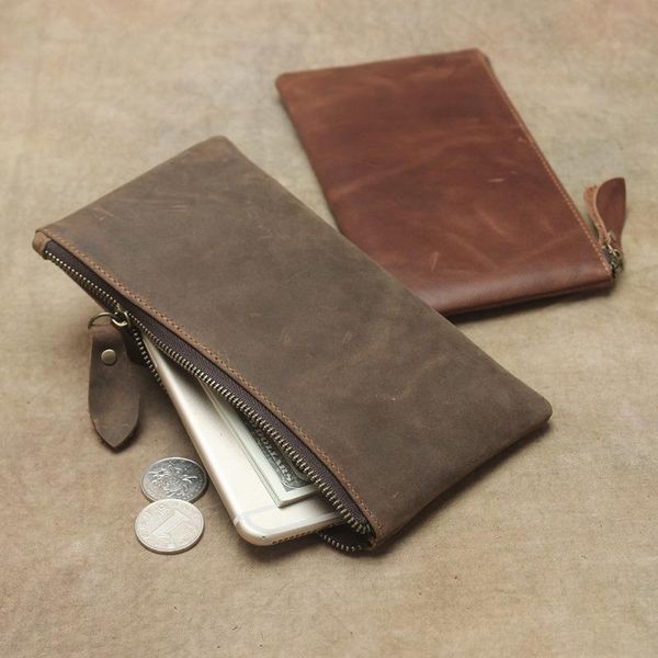 

wallets crazy horse leather men's wallet cowhide phone bag long retro ultra-thin ladies minimalist clutch for man ld 166, Red;black