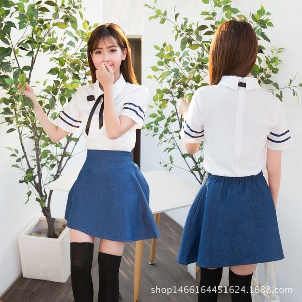 

spring style summer british school uniform chiffon shirt denim skirt sailor suit, Red;black