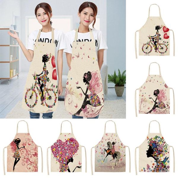 

women's cotton apron linen flower butterfly girl printed kitchen aprons cooking baking waist bib pinafore 55*68cm
