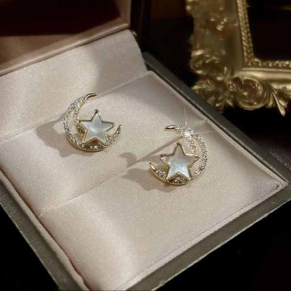

stud korean design fashion jewelry shining zircon inlaid moon star shaped earrings for women elegant exquisite, Golden;silver