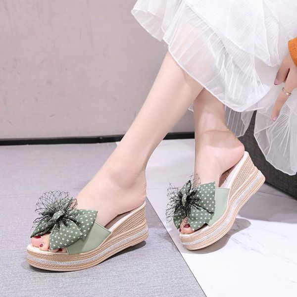 

slippers women summer fashion bowknot dot flat casual thick bottom sandals breathable beach shoes wedges flip flops pzh4, Black