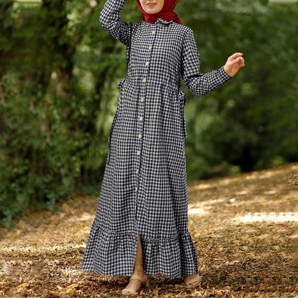

muslim fashion 2021 plaid printed dress women loose holiday robe ruffle hem lapel long shirt full sleeve maxi sundress 5xl ethnic clothing, Red