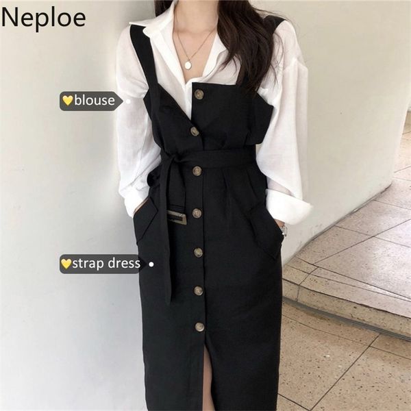 

women two piece outfits solid turn down collar shirts+korean single breasted sashes slim waist camis feamle dress 49559 210422, White