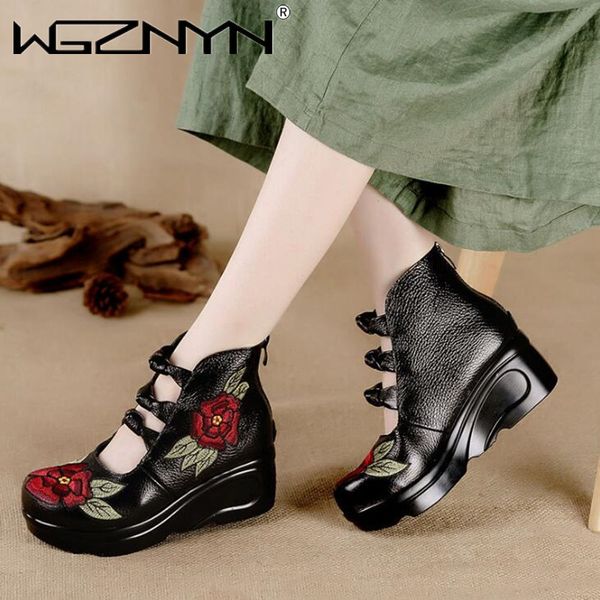 

women flower sandals shoes slope casual leather shoes fashion embroidered ladies vintage waterproof platform sandals for women, Black
