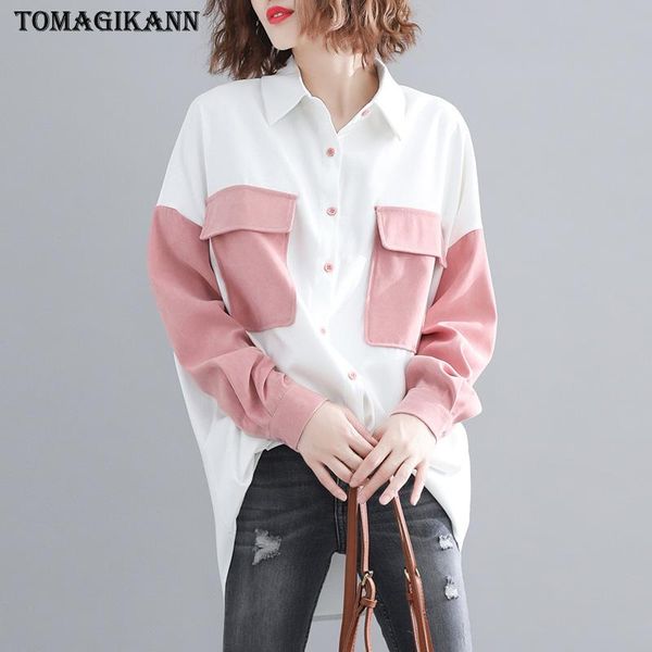 

women's blouses & shirts patchwork blouse shirt women 2021 korean contrast color flap pockets blusas turn down collar long sleeve chem, White