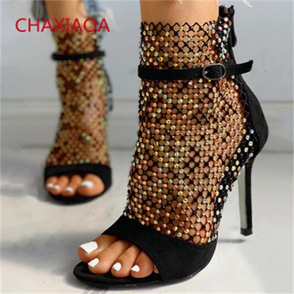 

sandals chaxiaoa women gladiator peep toe luxury crystal studs high heels ladies party shoes woman summer ankle boots, Black