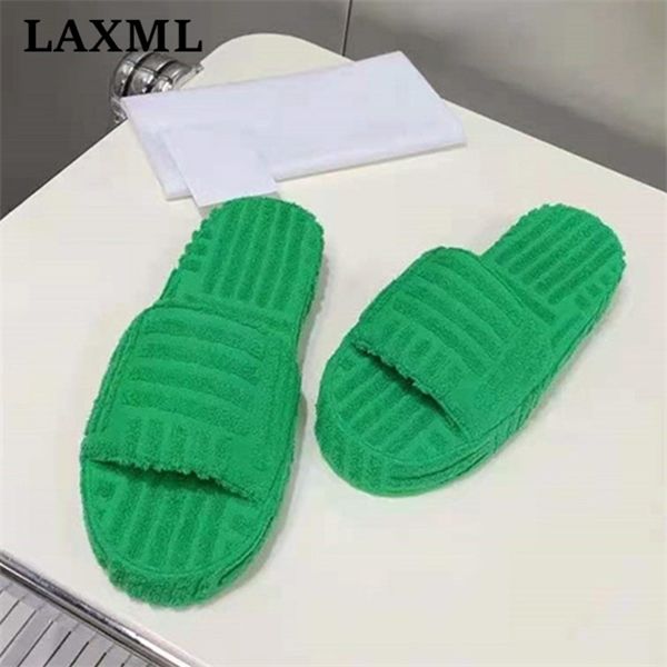

laxml brand design new style green women's slippers thick-soled outer wear furry stripes fashionable slippers casual women shoes y1120, Black