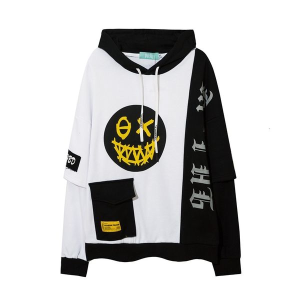 

chao brand american high street splicing fake two-piece hoodie men's street large terry sweater hoodie, Black