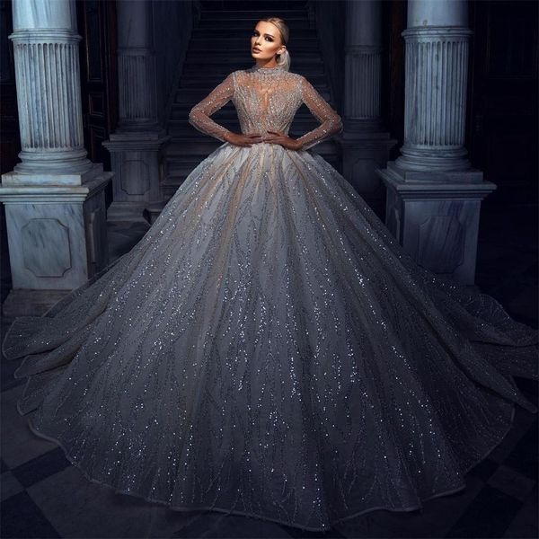 

2022 sparkly wedding dresses see thru long sleeve sequins dubai bridal gowns luxurious arabic vestido de novia, White
