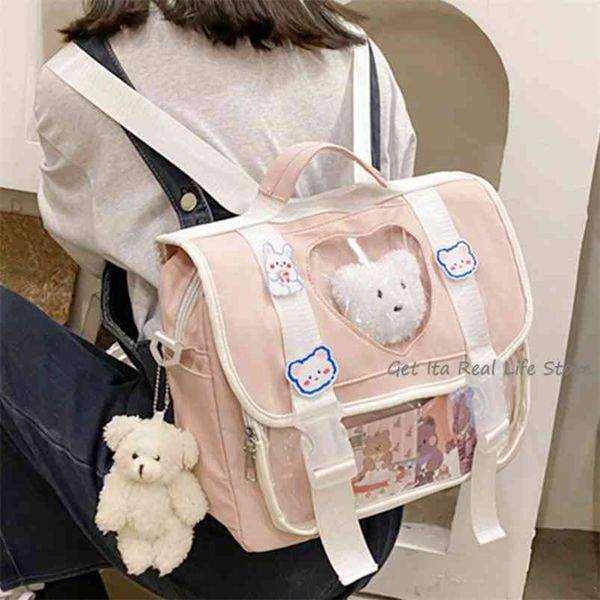 

women kawaii backpack for school with clear pocket japanese harajuku girls shoulder bag cute kawaii heart ita bag anime h226 210922