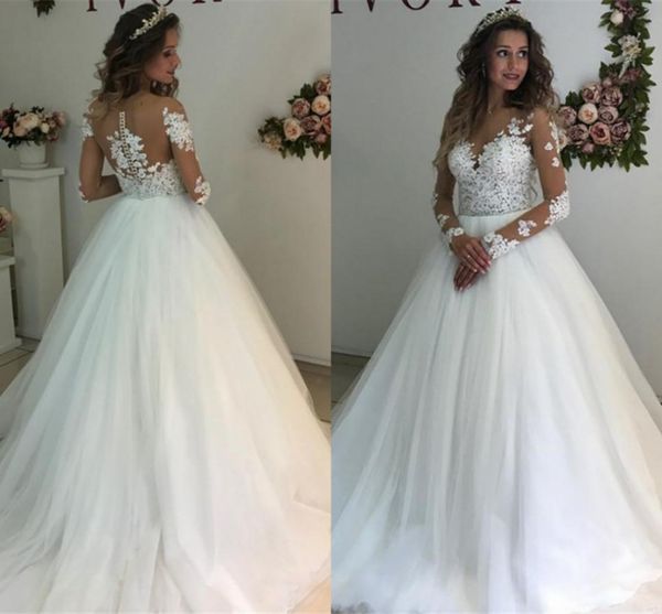 

bridal gown illusion scoop long sleeve wedding dresses lace appliques sheer back white/ ivory tulle vestido de noiva mariage