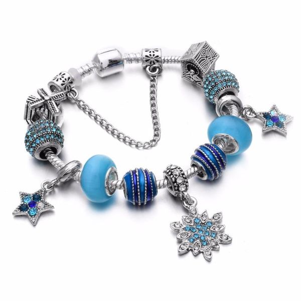 

link, chain 2021 blue crystal glass charm pa bracelet snowflake heart vintage silver plated bangle for women child birthday gift, Black