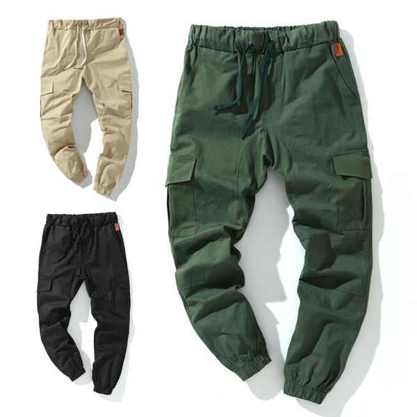 

men's pants cargo solid color multi pockets men ankle tied drawstring joggings sport baggy trousers for sports, Black