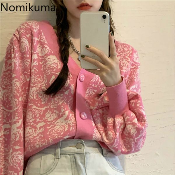 

nomikuma sweet flowers sweater coat causal long sleeve v-neck knitwear jacket autumn new knitted women cardigans 6c797 210427, White;black