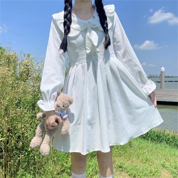 Casual Dresses Süße Gilry Kawaii Weiße Frauen Lolita Kleid Herbst Eleganter Sailor Kragen Lange Ärmel Bogen Rüschen Preppy Style Lose Mini