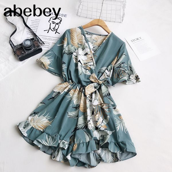 

summer spring vintage v-neck floral printed flare sleeve ruffles women female a-line high waist loose playsuits 210512, Black;white