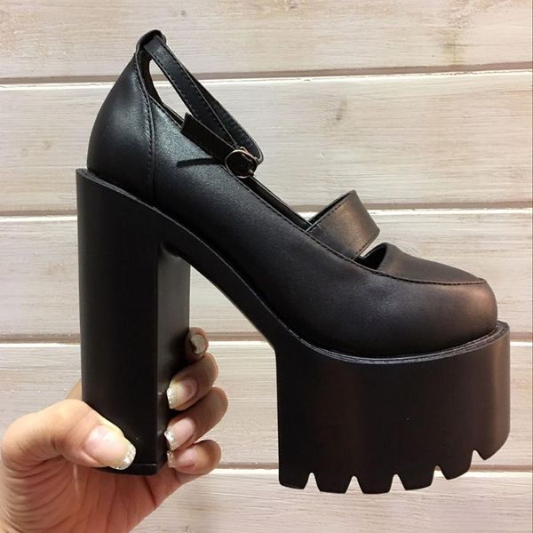 

goth brand design platform block heel ankle strap women pumps cutout black white punk party casual shoes dress