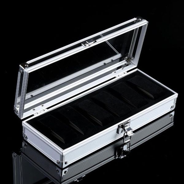 

watch boxes & cases 6 slots case storage transparent window aluminium alloy organizer portable container display jewelry, Black;blue