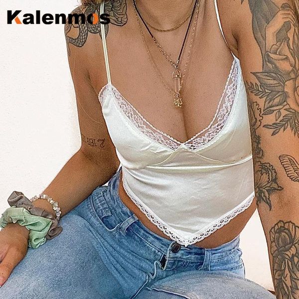 

women's tanks & camis kalenmos lace patchwork satin white crop women straps v-neck cami ladies backless bustier black triangle hem