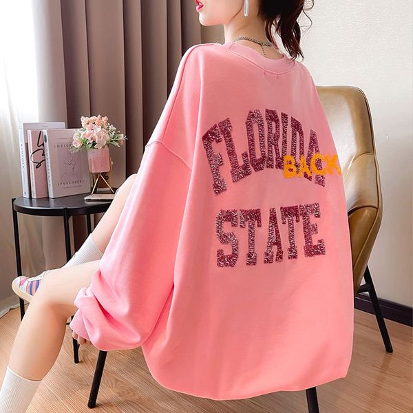 

2021 autumn women's clothing korean letter embroidery loose large size thin sweater female student long sleeve casual coat fashion, Black