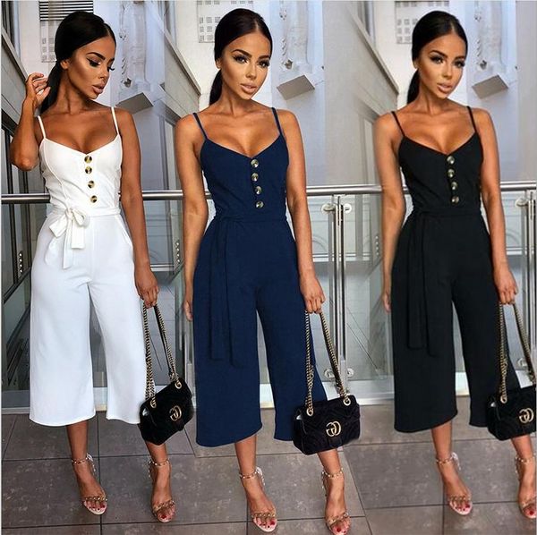 

hed 2021 strap women's jumpsuits button sashes fashion solid slim rompers lace up elegant jumpsuit overalls playsuit, Black;white