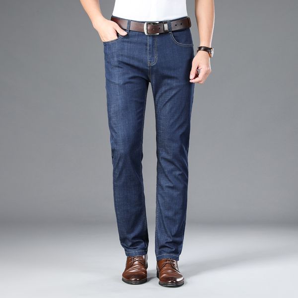 

jean 2021 spring cotton modal strain thin classic business pocket jeans, Blue