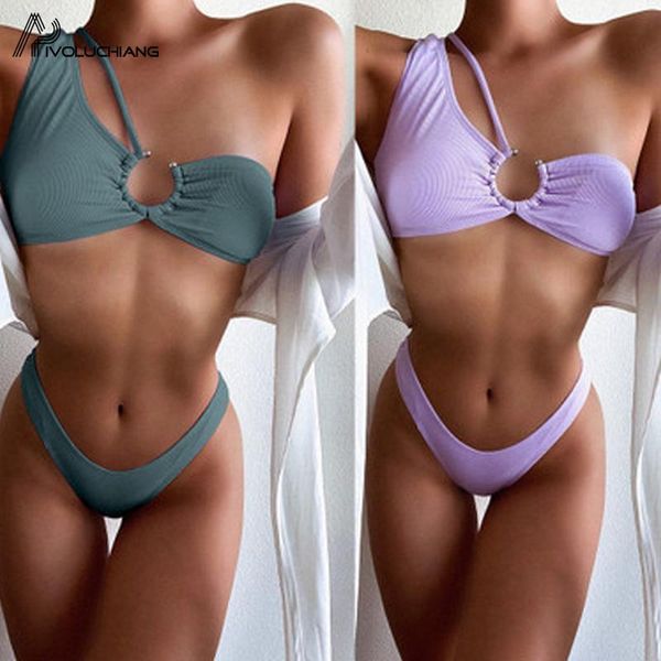 

women one shoulder push up with pad two piece bikini set solid colour swimsuit asymmetric high waist bathing suit one-piece suits