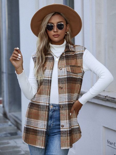 

plaid button up vest overcoat w7ao#, Black