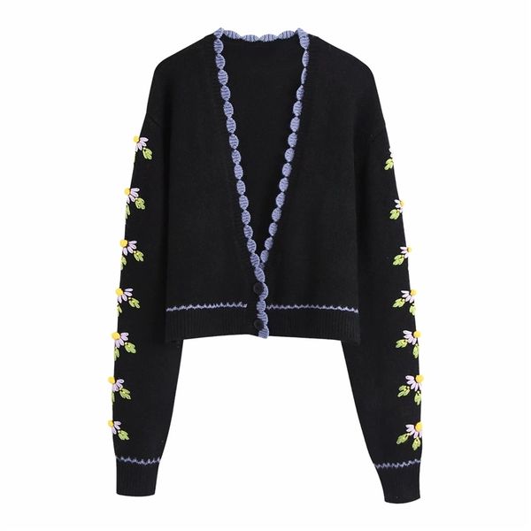 

elegant women floral embroidery sweater fashion ladies v-neck striped knitted coats streetwear female chic cardigan 210427, White