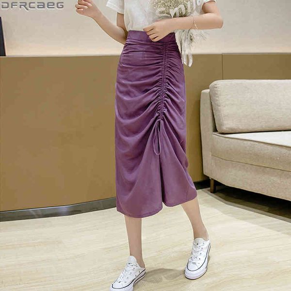 

casual dresses fashion korean bodycon skirt women elegant high waist drawstring jupe femme split summer pleated ladies skirts purp, Black;gray