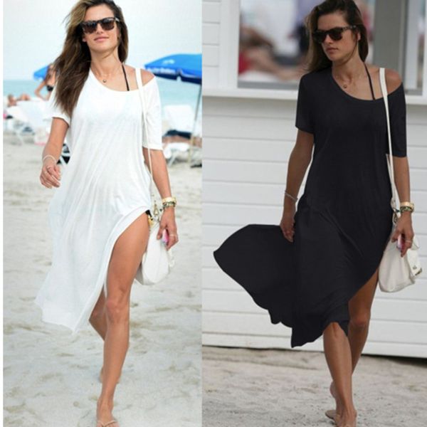 

beach dress women's sundress fashionable short-sleeve elegant casual solid o-neck side split with bare shoulders robe 210422, Black;gray